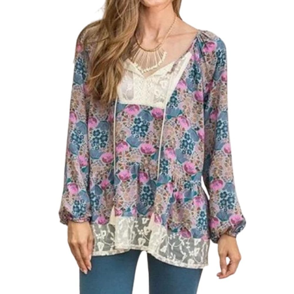 Matilda Jane Sew Perfect Floral Lace Boho Peasant Long Sleeve Top Shirt Small